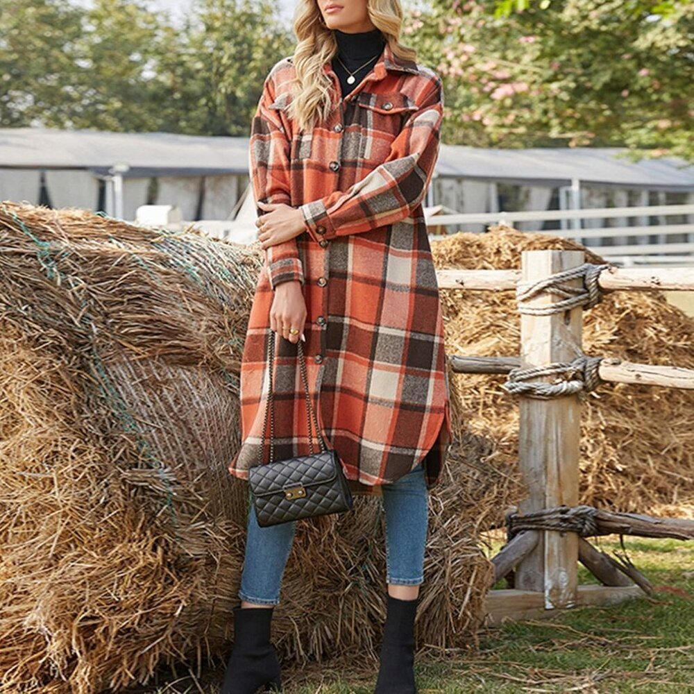 Women's Wool Blend Plaid Shirt Jacket Long Sleeve Casual Buttons Pockets - Picture 5 of 5